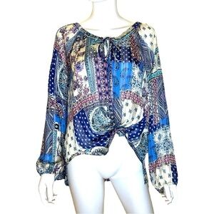By Together Sheer Blue Patchwork Style Blouse Size S/M